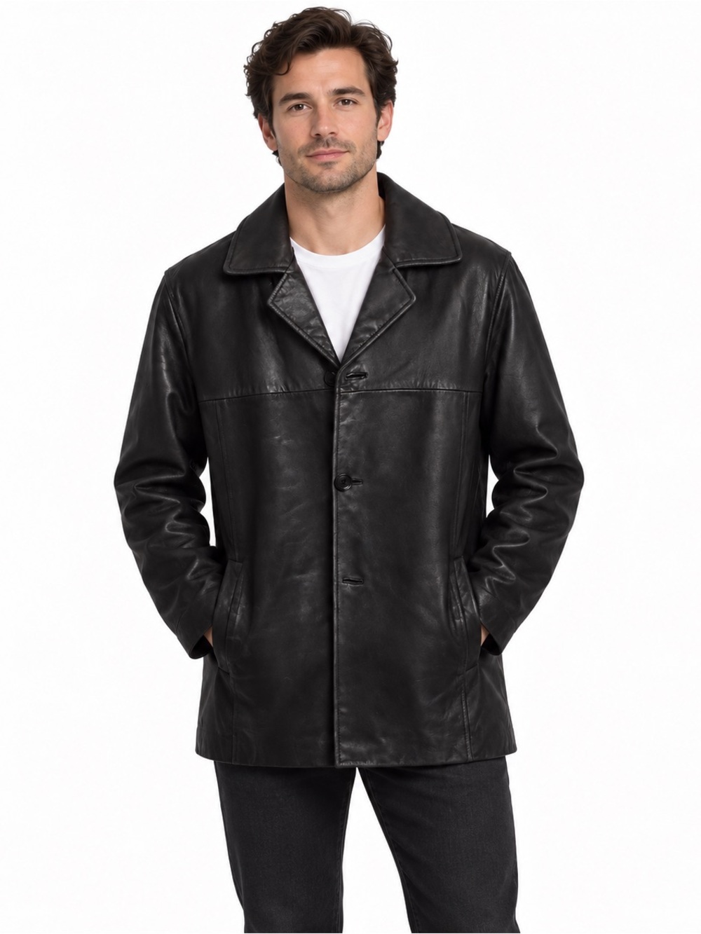 Kenneth Cole New York Men’s Black Leather Button Front Jacket Size M
